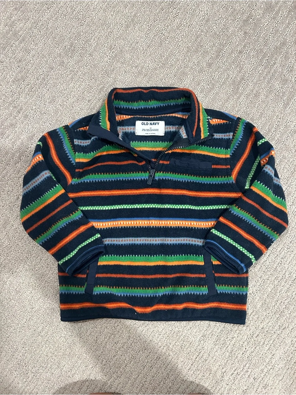 Old Navy Navy Striped Half-Zip Pullover with Green and Orange Accents